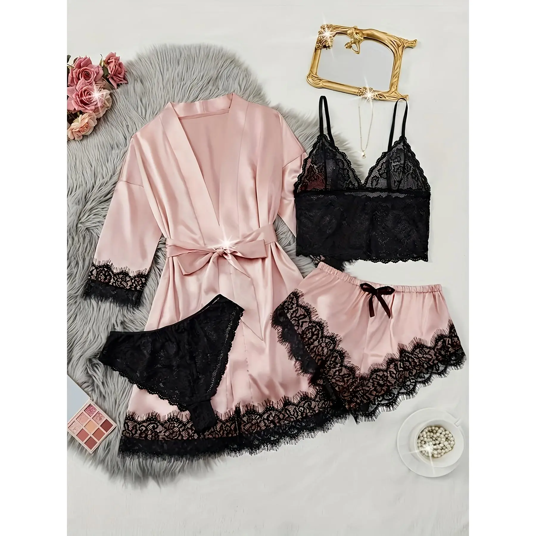Women's Satin Pajama Set Lingerie Floral Lace Suspender Nightgown Four-piece Set Night Large Size Nightgown Pants Belt Set