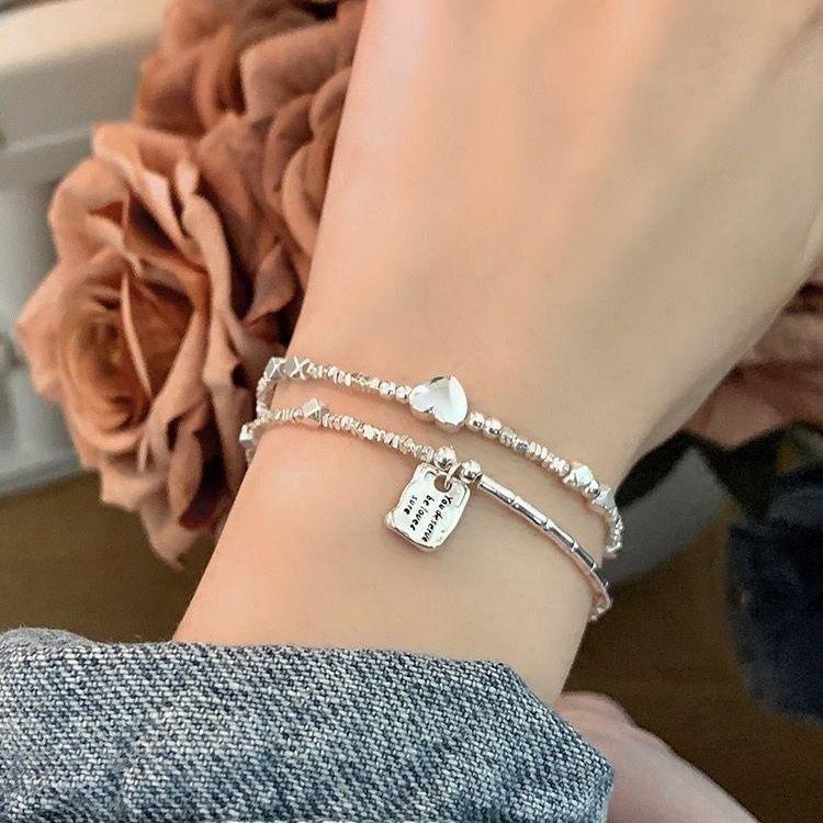 Women's Elegant Broken Silver Charm Bangle with Love Square Tag - Light Luxury Costume Jewelry, Love Theme Birthday Gift Ideas for Female, Jewelry Stack Accessory