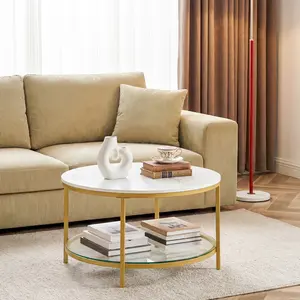 31-Inch Round Sofa Side Table with Storage, 2-Tier Marble Accent Table with Tempered Glass Shelf, 50LBS, Gold/Black Couch End Table for Living Room