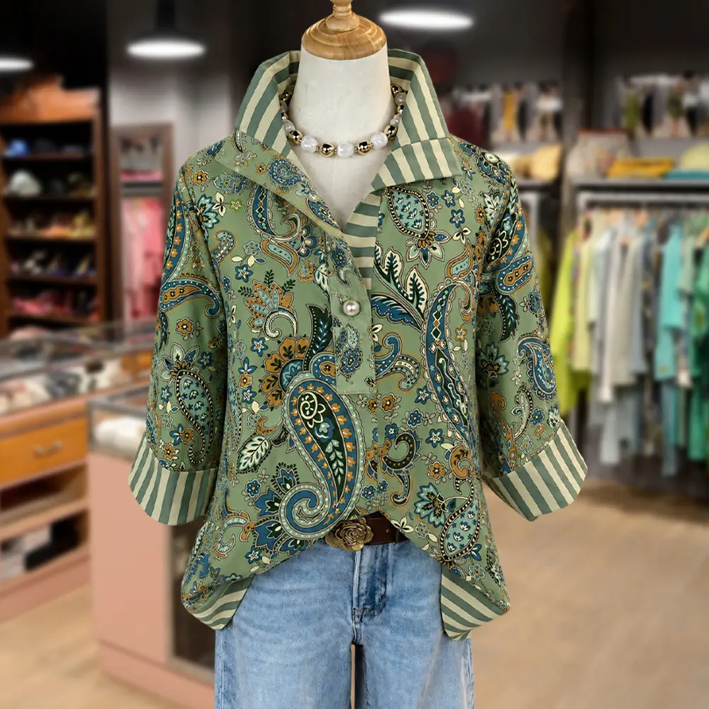 Cherrybetty Retro Paisley Print Sriped Collar Blouse Sweety Essential Comfort Elegant Outfits Outfit Inspo Spring Summer Fashion Going Out Tops