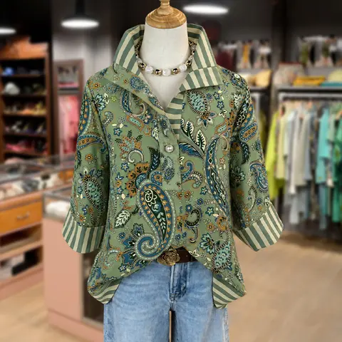 Cherrybetty Retro Paisley Print Sriped Collar Blouse Sweety Essential Comfort Elegant Outfits Outfit Inspo Spring Summer Fashion Going Out Tops