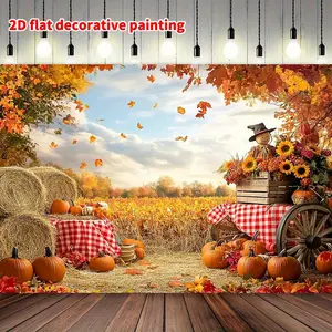 1pc Autumn Thanksgiving Photo Backdrop - 2D Flat Decorative Painting with Pumpkin Harvest, Hay Bales & Sunflowers - Durable Polyester Fall Background for Halloween, Birthday, Wedding, Tailgate Party Decor (No Ele Banners Ornaments