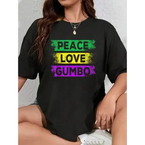 100% Cotton Peace Love Gumbo Mardi Gras Carnival Party New Orleans T-Shirt Men's Women's Soft Breathable Tee Classic Fashion Summer Tops Summer, Cotton, Casual, Short Sleeve, Graphic Tee, Soft, Breathable, Loose Fit, Streetwear, Daily Wear, T-Shirtt