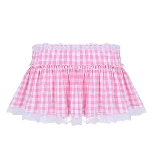 Women’s golden plaid mini skirt, adult sexy lace-trimmed princess pleated skirt, women’s pleated polyester blue/pink, sizes S–L (GARMENTARY)