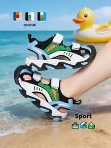 New Boys' Closed Toe Sandals, Dual Layer Velcro Sports Beach Shoes, Comfortable Breathable Hollow Out Design, Soft Sole Anti-Slip Wear-Resistant, Summer Beach Sandals