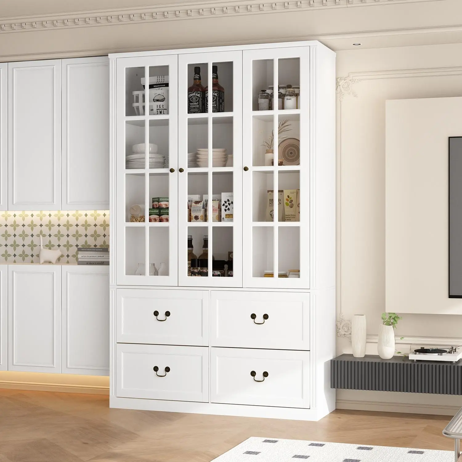 Large Pantry Cabinet Kitchen Storage Cabinet with 4 Drawers, Glass Doors, Adjustable Shelves, White (47.2”W x 15.7”D x 78.7”H) Organization Modern Design Classic