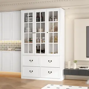 Large Pantry Cabinet Kitchen Storage Cabinet with 4 Drawers, Glass Doors, Adjustable Shelves, White (47.2”W x 15.7”D x 78.7”H) Organization Modern Design Classic