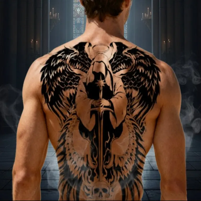 Eastern Enigma Full-Back Temporary Tattoo 18.9 x 13.39-inch Hyper-Realistic Archangel of Judgment Design for Man and Woman