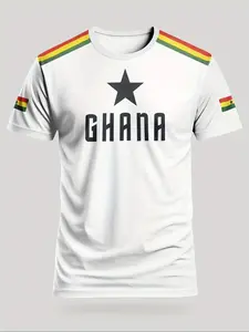 Men's Ghana Stars Football T-Shirt, Ghana National Team Street Style Round Neck Short Sleeve Top, Sporty Loose-Fit Geometric Pattern