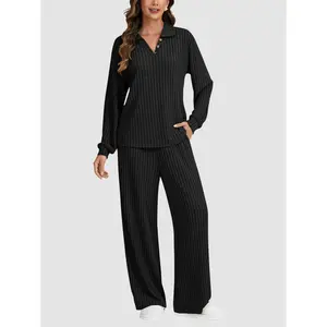 LYANERS Women's 2 Piece Long Sleeve V Neck Collar Pleated Ribbed Knit Loose Lounge Pajamas Sets Loungewear Nightwear Womenswear(DR)