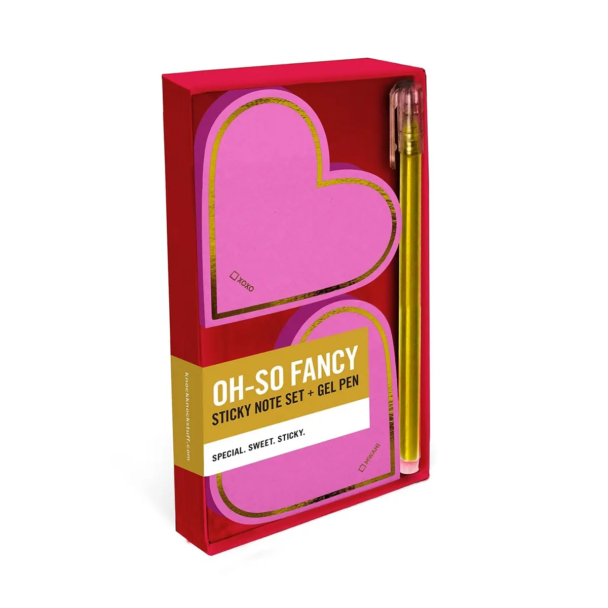 Knock Knock Fancy Hearts Desk Set - 3x3 Inches Die-Cut Shaped Box, Imported Quality Sticky Note Paper Pads, Gold Metallic Gel Pen for Office Stationery Supplies