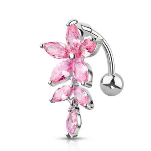 Statement Gold Pink Dangle Flower Belly Ring for Navel Piercing, Belly Rings for Women, Belly Piercings