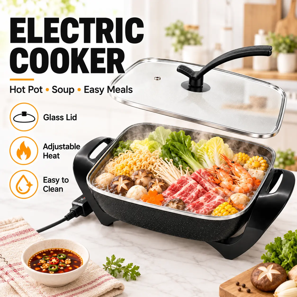 Non-Stick Ceramic Electric Pot with Glass Lid, Aluminum, 1500W, Adjustable Temperature Controller, Suitable for Home Use for Frying, Baking, Steaming Or Cooking, Easy to Clean