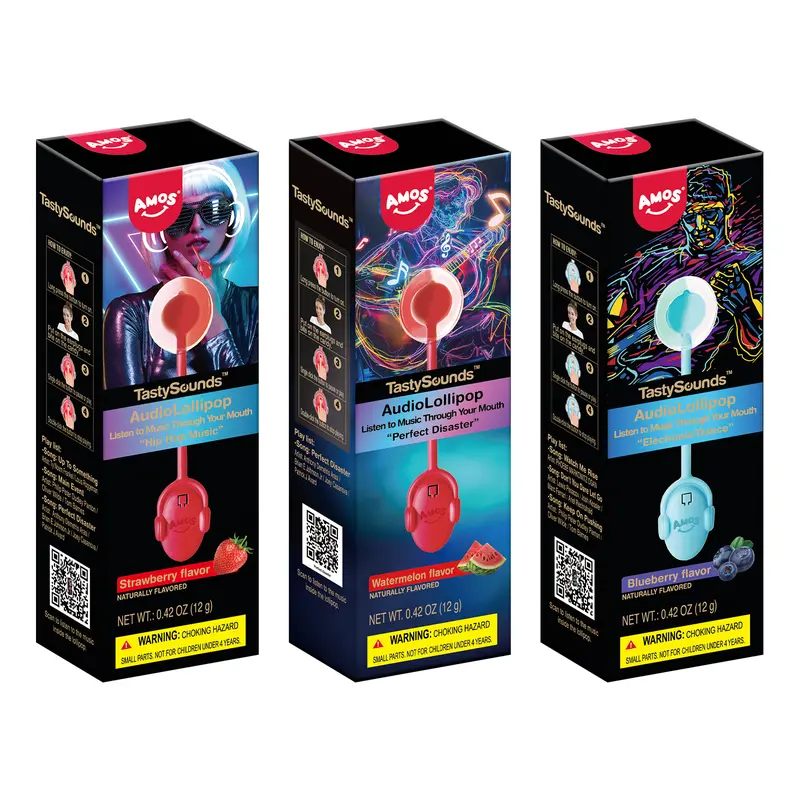 Amos TastySounds Music Lollipops Sugar-Free Audio Candies with Bone Conduction Tech Strawberry Blueberry Watermelon Snack Perfect Party Favor