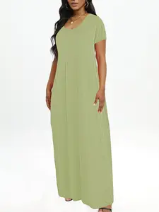 Plus Size V-Neck Short Sleeve Maxi Dress, Side Pockets, Casual Loose Fit, Daily & Vacation Wear
