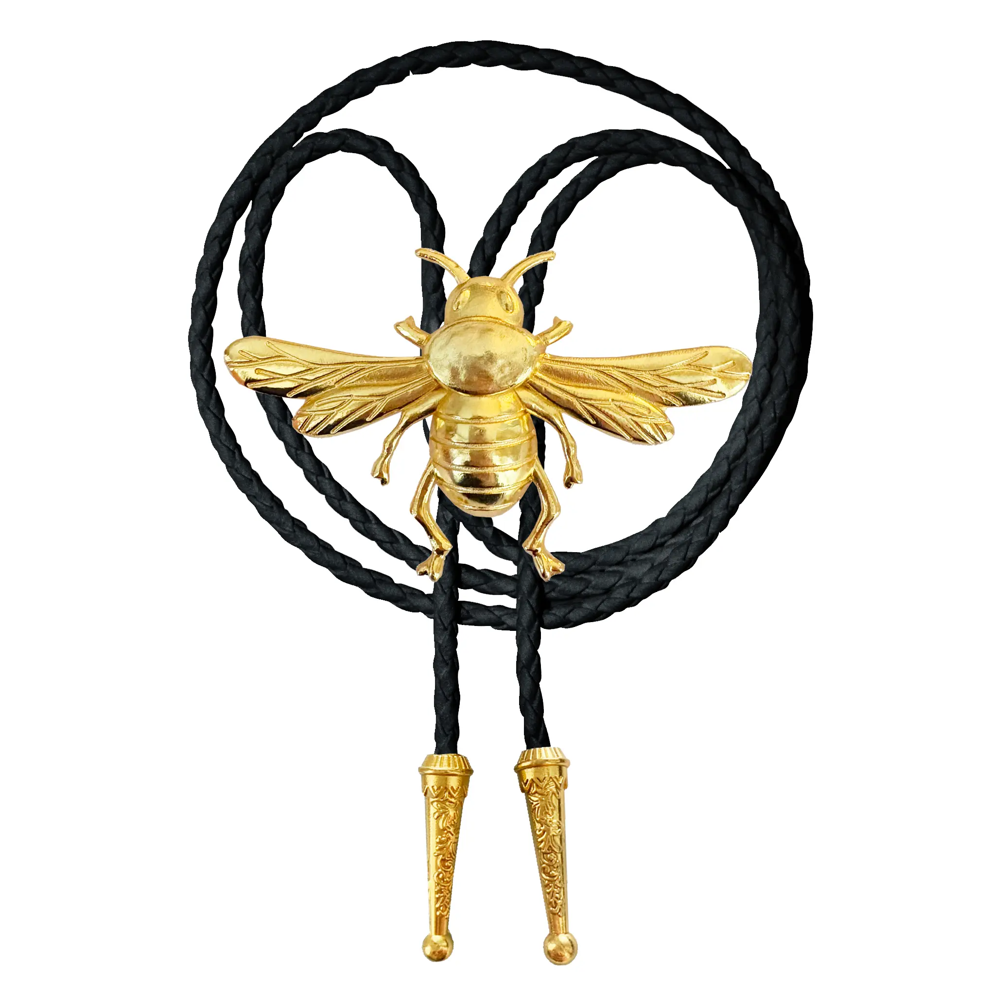 Gold Bumblebee Bolo Tie 3D Bee Braided Vegan Faux Leather Pretty Handmade Statement Necklace Adjustable Western Jewelry