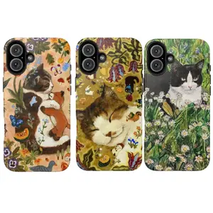 Whimsical Cozy Cat Phone Case – Hand-Painted Vintage Art Design with Sleeping Cats, Flowers & Nature Details, Warm Retro Aesthetic Gift for Cat Lovers, Fits iPhone 17, 16, 15, 14, 13, 12, 11, XS & Samsung Galaxy S21–S25