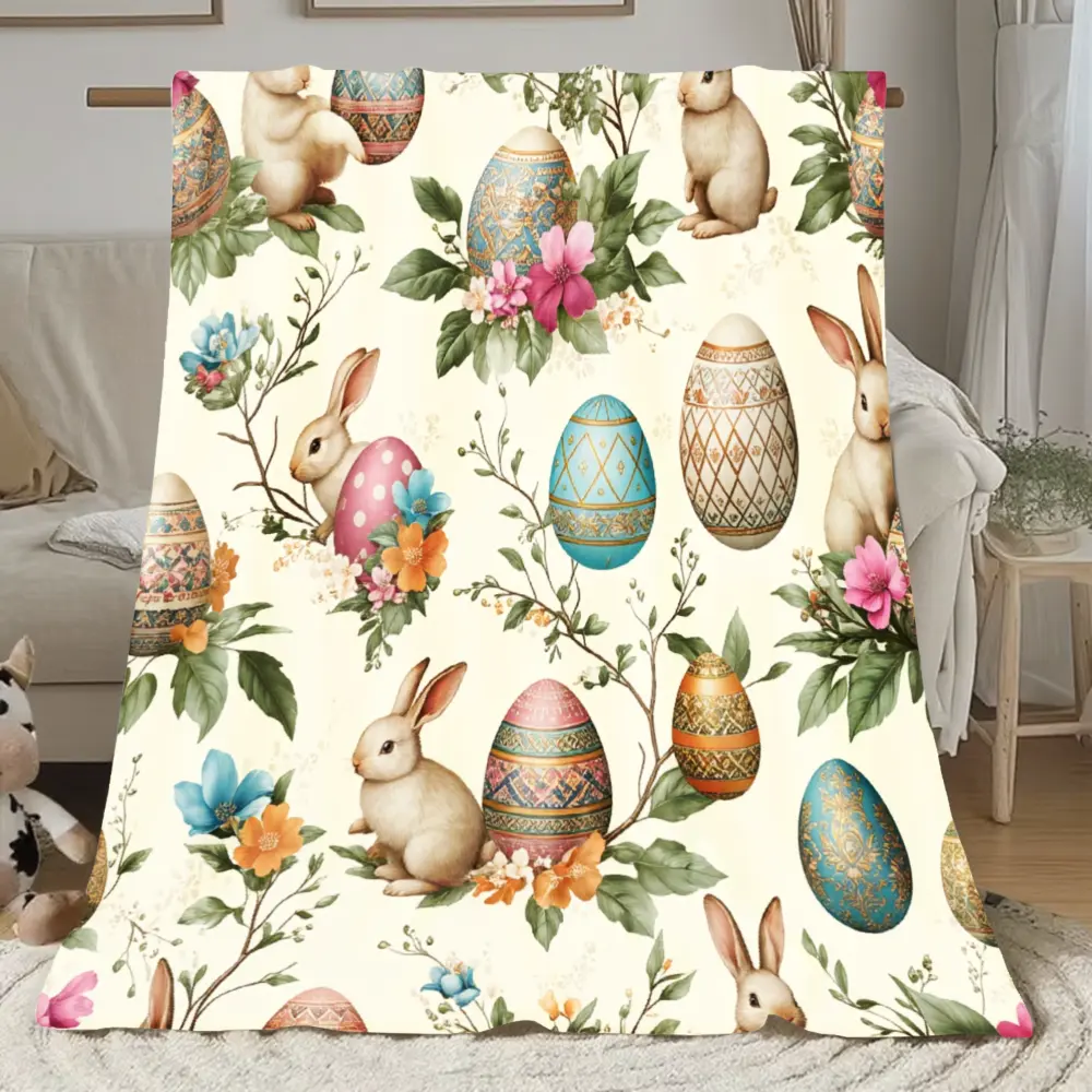 Easter Bunny Egg Blanket, Soft Flannel Throw Blanket with Floral Rabbit Easter Egg Print, Cozy Gift for Kids Girls Toddlers and Family, Spring Home Decor for Bed Couch Sofa Nursery, Lightweight Warm Throw