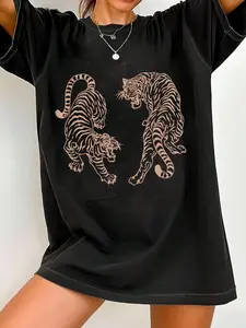 Vintage Tiger Print T-Shirt,Women's Loose Fit Crew Neck Short Sleeve Casual Tiger Design Shirt Graphic Tees Women Tops