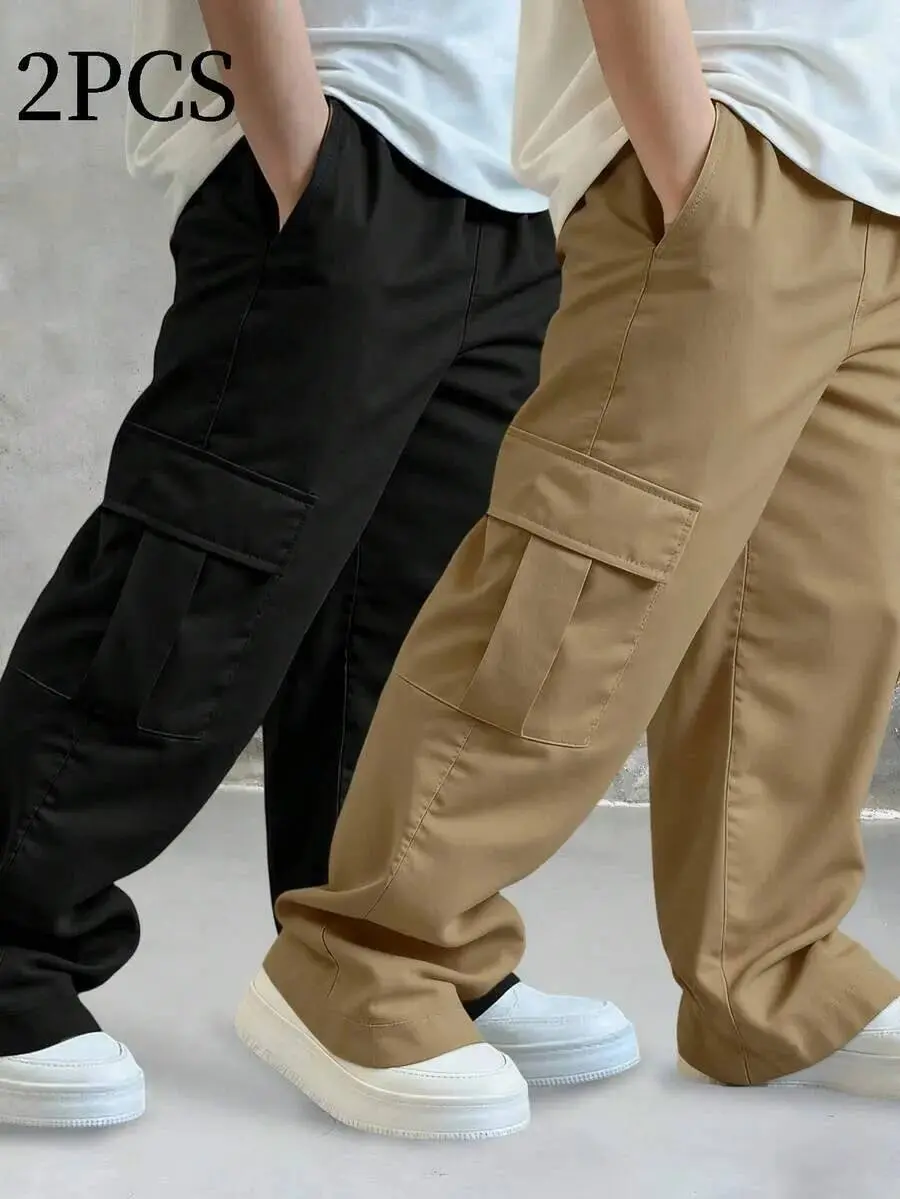 2PCS Boys' Solid Color Casual Multi-Pocket Cargo Pants Fashion Streetwear Everyday Versatile Trendy Workout Outdoor School Year-Round Size8-16Y