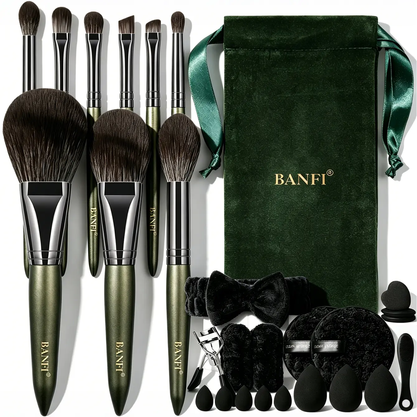 Dark Olive Green Handle All-In-1 Makeup Brush & Tool Set - Cosmetic Brushes, Beauty Sponges, Round Clean Sponges, Plush Bow Hairband, Wristbands, Eyelash Curler, Mini Cleaner, Green Velvet Drawstring Pouch for Daily & Travel Use