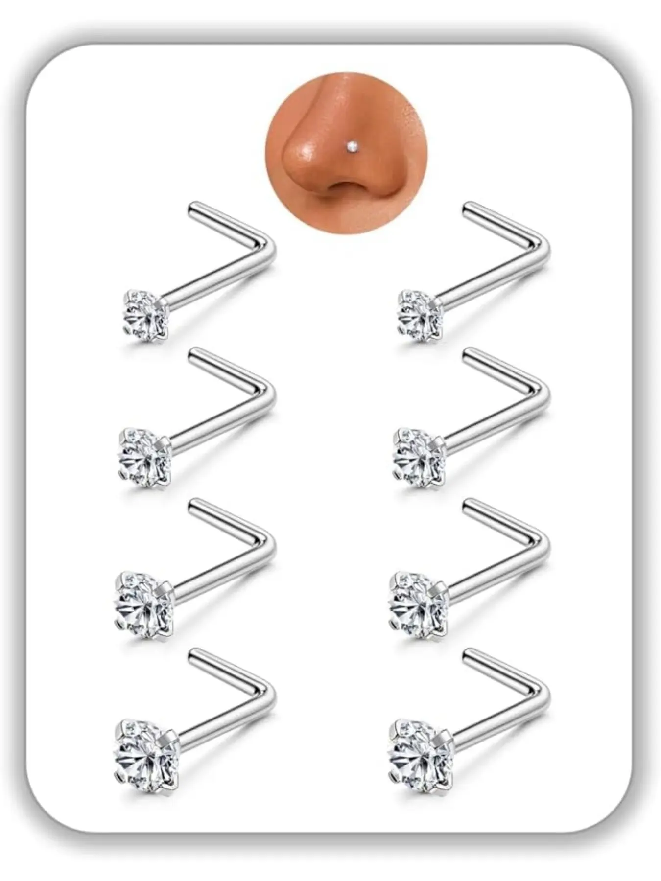 8PCS Titanium Nose Rings, 20G/18G Corkscrew & L Shape Studs, Diamond CZ, Silver & Gold, Hypoallergenic, 1.5mm-3mm, Nose Piercing Jewelry, Body Jewelry