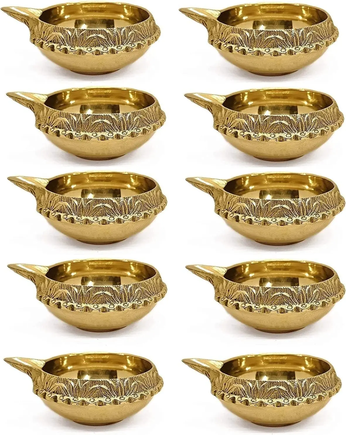 Satvik 10 pc Handmade Golden Engraved Kuber Diya Made of Virgin Brass. Diwali Diya Vilakku for Puja Pooja. Traditional Indian Oil Lamp. Deepawali Decoration Gift Items