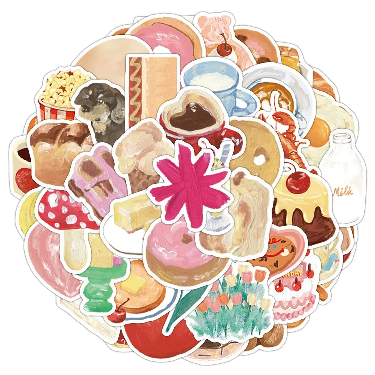 Food Pattern Sticker, 50pcs/set Creative Oil Painting Stickers, Decorative Sticker for Scrapbooking, Journaling, Gift Wrapping