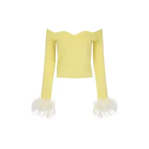 Butter Yellow Vanilla Knit Top With Detachable Feathers Cuffs