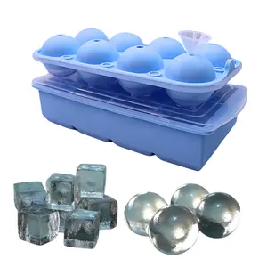 Silicone Ice Cube Tray with Lid, 8 Sphere Molds, Blue,big Square Ice Cube Maker for drinks, Cocktails ice mold