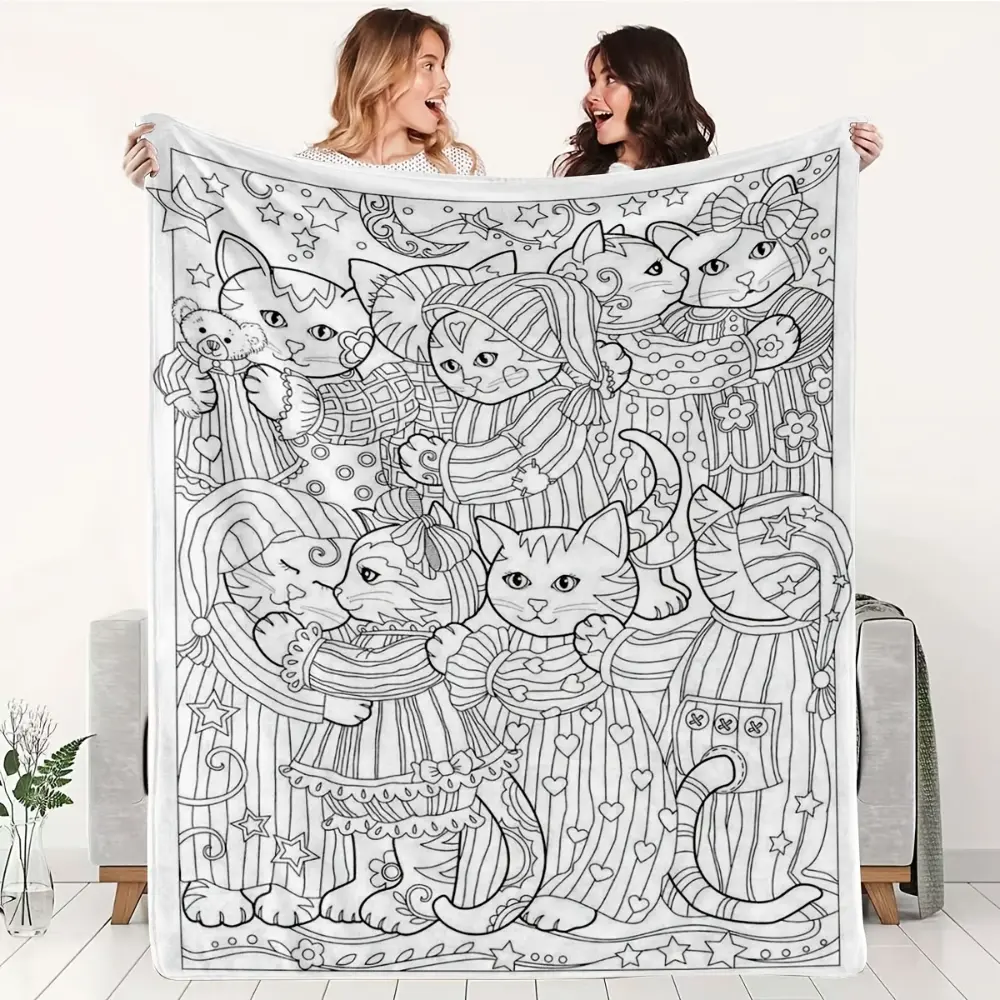 Cat Coloring Book Style Blanket, Soft Flannel Throw Blanket with Black White Cute Kawaii Cat Rainbow Star Print, Cozy Gift for Cat Lovers Kids Girls Teens and Pet Moms, Fun Pet Lover Blanket for Bed Couch Sofa Bedroom Dorm