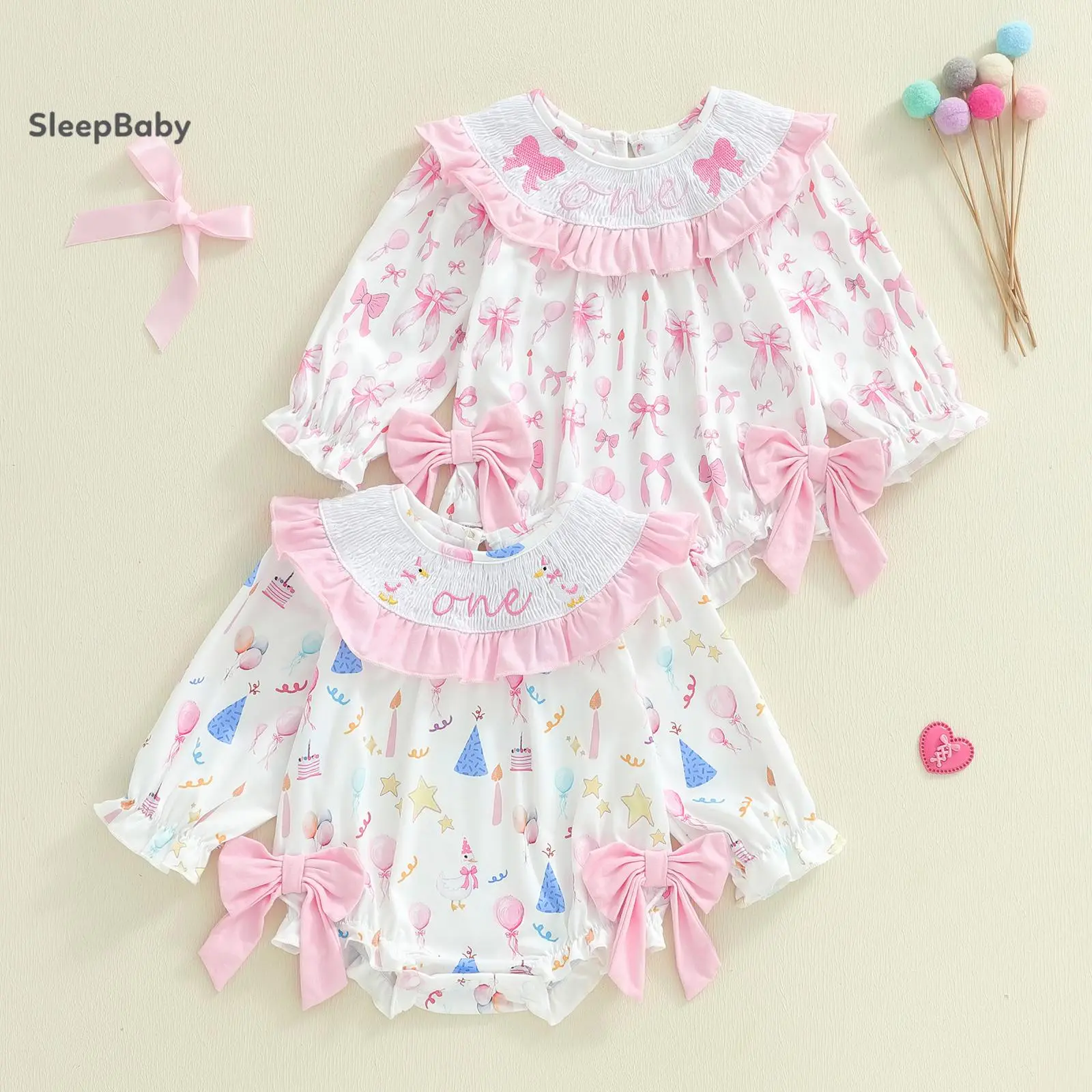 Girl's 12-18 Months Polyester 1st Birthday Romper - Ruffled Long Sleeve Jumpsuit, Adorable Letter Print, Initial Embroidery, Cute Balloon Bow Design, Baby Clothes Girl, Bow/Balloon Print