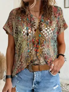 Spring/Summer style, V-neck diamond hollow loose batwing short sleeve cover-up, contrast tie-dye floral print women's knitted top, vacation style, for commute, bikini cover-up, Swimsuit cover ups, Swimsuit Coverup