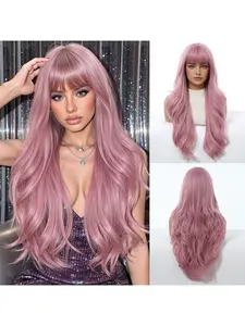 High Quality Synthetic Full Lace Wig for Women with Side Highlights Ombre Effect Natural Looking Straight Bangs and Loose Deep Wave Hair for Daily Wear and Cosplay Wavy Ombre Wig