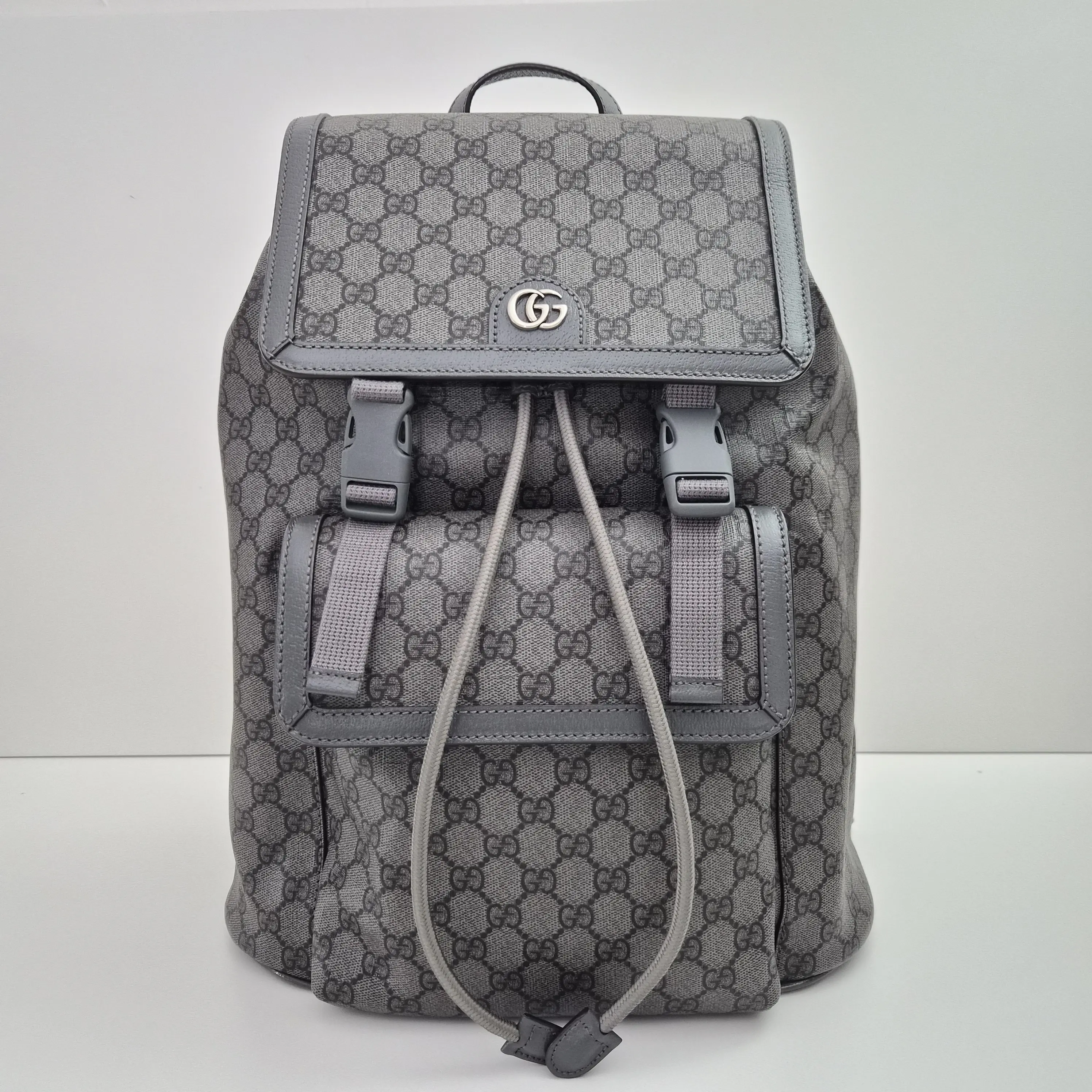 Pre-owned GUCCI leather Backpacks GG Embossed Double Buckle Backpack Grey