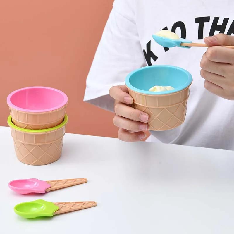 6 Sets Ice Cream Bowl and Spoon Plastic Reusable Ice Cream Bowl Cartoon Egg Cone Children Fruit Dessert Bowl Kitchen Accessories NONE