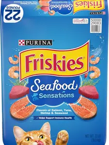 Friskies Dry Cat Food, Seafood Sensations - 22 lb. Bag, Perfect for Cats with Seafood Flavor and Protein Source Kibble Salmon Fish