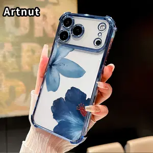 Four-Corner Airbag Phone Case Compatible with iPhone 17 16 Pro Max 15 Plus 14 13 12 11 E Air Azure Floral Dream Pattern Full Coverage Protective Shockproof Casing