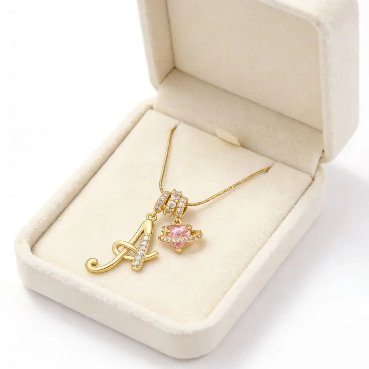 Women's CZ Initial Necklace - Pink Heart-Shaped Pendant, Snake Chain, A-Z Letter Options, Girly Gold Heart Initial Letter Chain Necklaces, Initial Necklaces