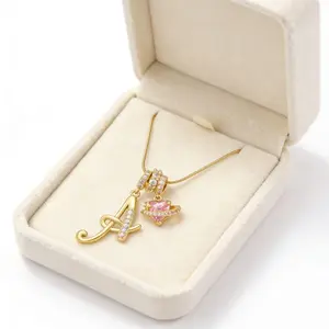 CZ letter necklace, pink heart-shaped pendant with snake chain, women's style (A-Z)