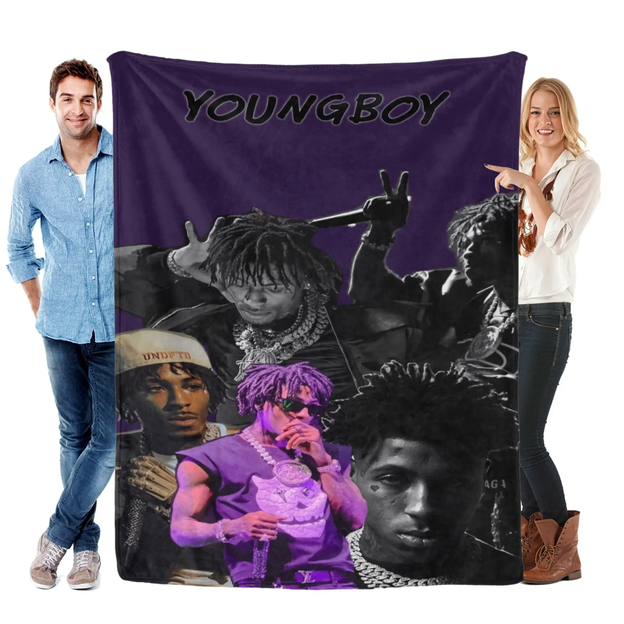 YoungBoy Stylized Collage Flannel Throw Blanket - Bold Purple Backdrop, Edgy Portraits, Chains, YOUNGBOY Text - Soft Comfy Pattern Blanket for Fans, Warm Hug Wrapped in Flannel, New Year-Valentine’s Day Gift, Soft Comfy Blanket