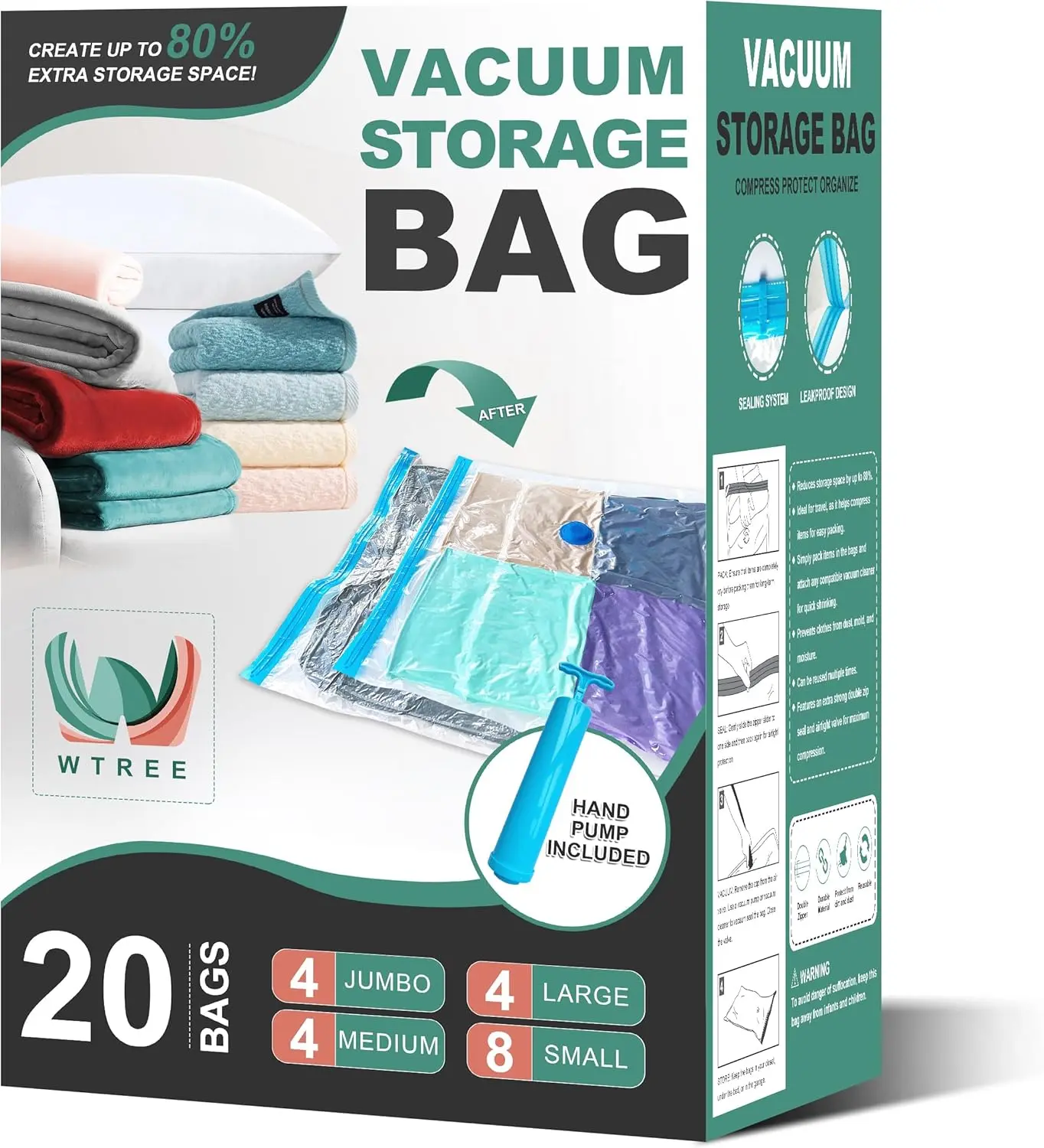 20 Pack Vacuum Storage Bags Space Saving Compression Bags for Clothes Comforters Blankets with Hand Pump Included 4 Jumbo 4 Large 4 Medium 8 Small