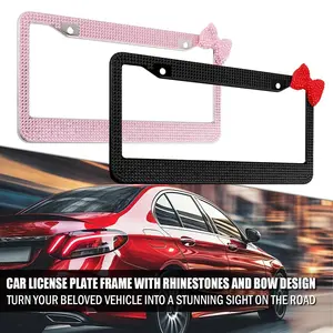 License Plate Frame Set, Decorative Bling Style Cover with Bow Accent and Complete Mounting Hardware for Vehicles