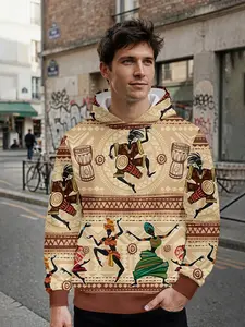 Men's hoodie with 3D digital print featuring African tribal totem ethnic style, full-print design, eye-catching for daily street looks and music festival outfits, an ideal holiday gift for men