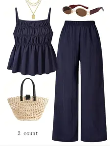 Summer Women's Set, Elegant Style Halter Top with Wide Leg Pants, Perfect for Vacation and Sister Matching