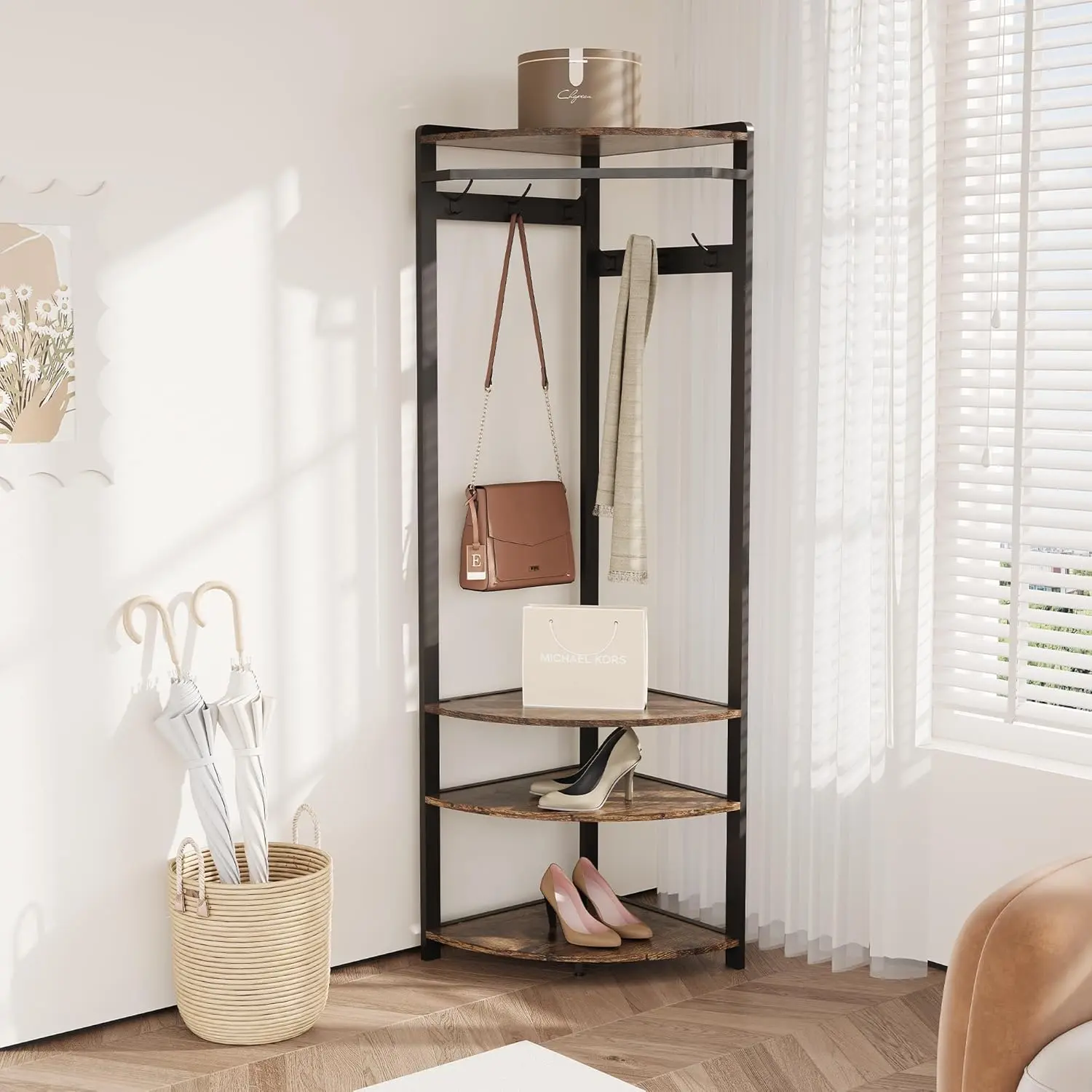 GAOMON Sturdy 3-In-1 Narrow Corner Garment Rack with Shoe Bench, Storage Shelf - 70.8" Tall Home Entryway Organizer for Hallway - Space-Saving Coat Hooks, Clothes Corner Shelf