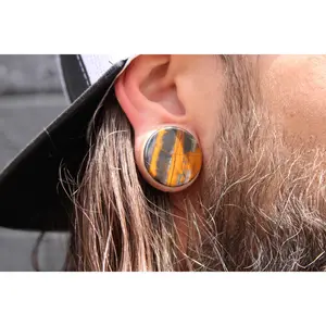 Natural Stone Sunset Jasper Double Flare Plugs, Hematite and Brown Banded Gauge Pair, 4mm-50mm Body Jewelry