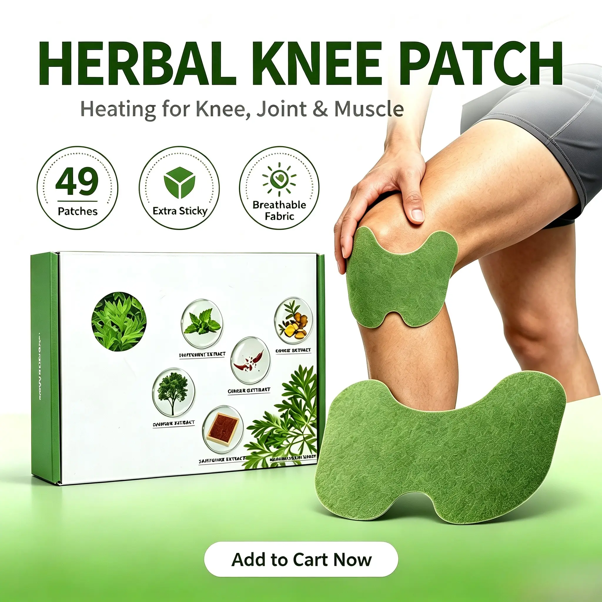 Herbal Knee Patches, 8-Hour Self-Heating Wormwood Warm Compress for Stiff Joints & Tired Muscles, Ergonomic Deep Thermal Support Sticker for Adults & Seniors,64-Pack