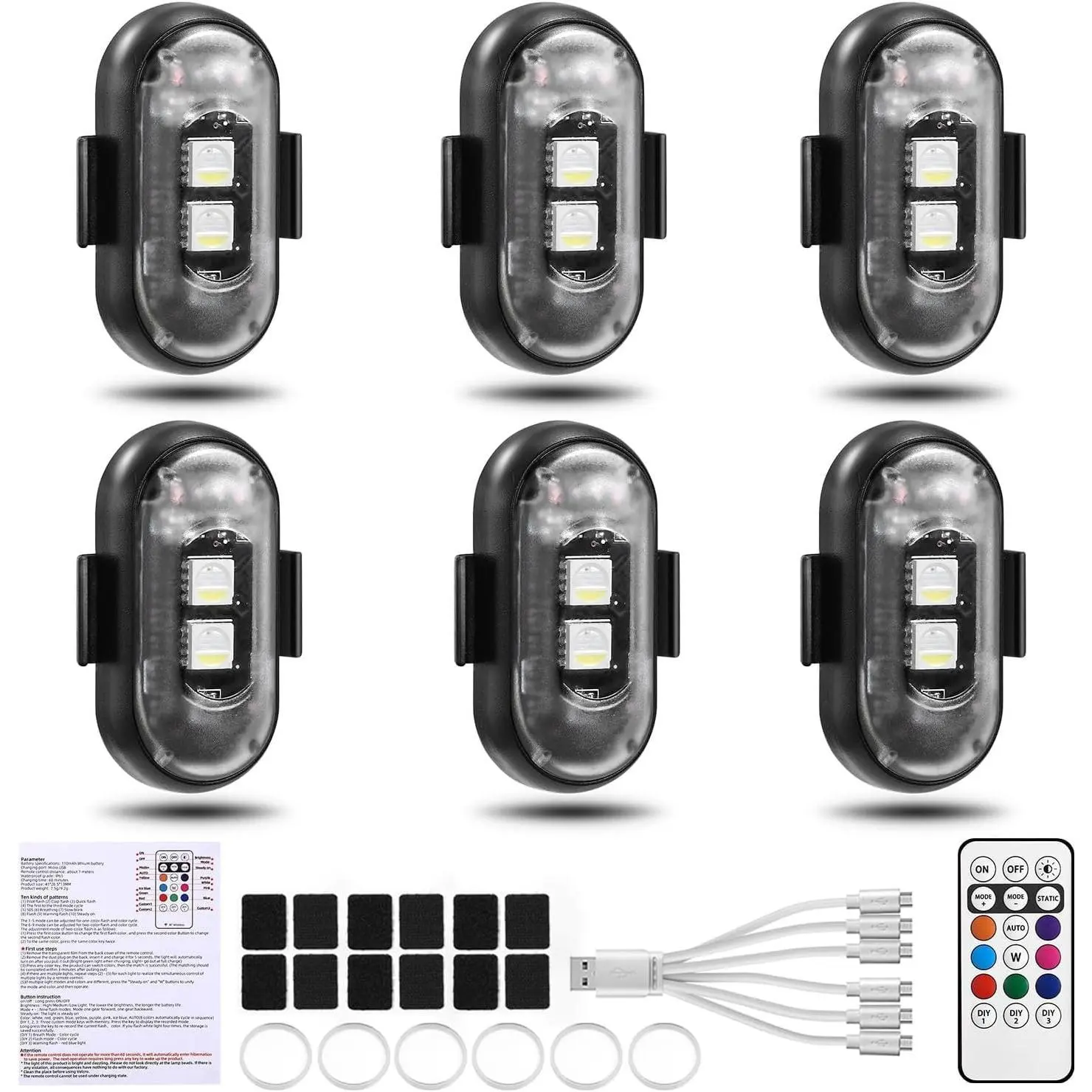 Summer LED Lights for Car - Remote Control Strobe Light, Drone Strobe Light, LED Anti-Collision - Lights for Car, Motorcycle, Drone, Bike (6pcs)