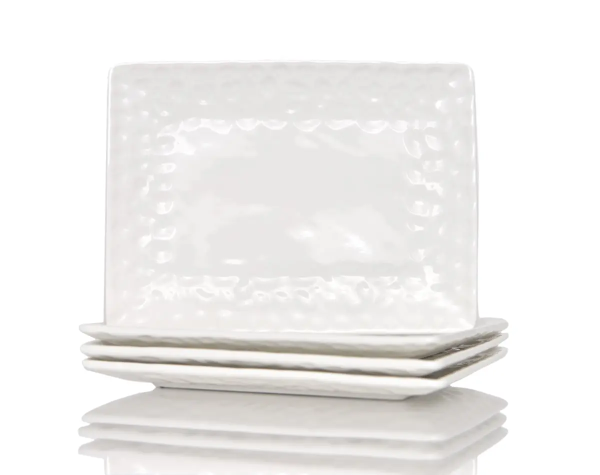212 MAIN Rectangle Modern Pebbled Porcelain Dinner Plates, 6-Piece Stackable White Dinnerware Set (Service for 6, Model 483520)